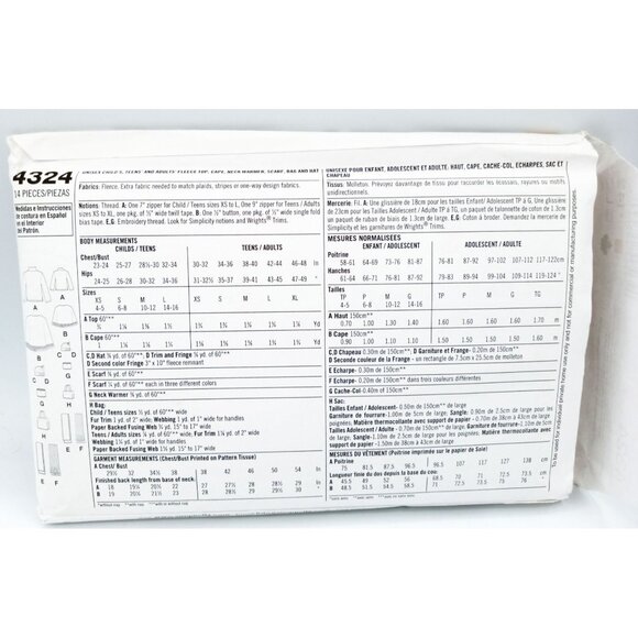 Simplicity Pattern 4324 Sz XS-L XS-XL Child Teen Adult Top Scarf Hat Cape Uncut - Picture 2 of 2